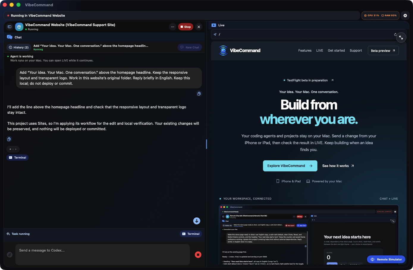 VibeCommand on Mac showing a real Codex task beside this website in LIVE.