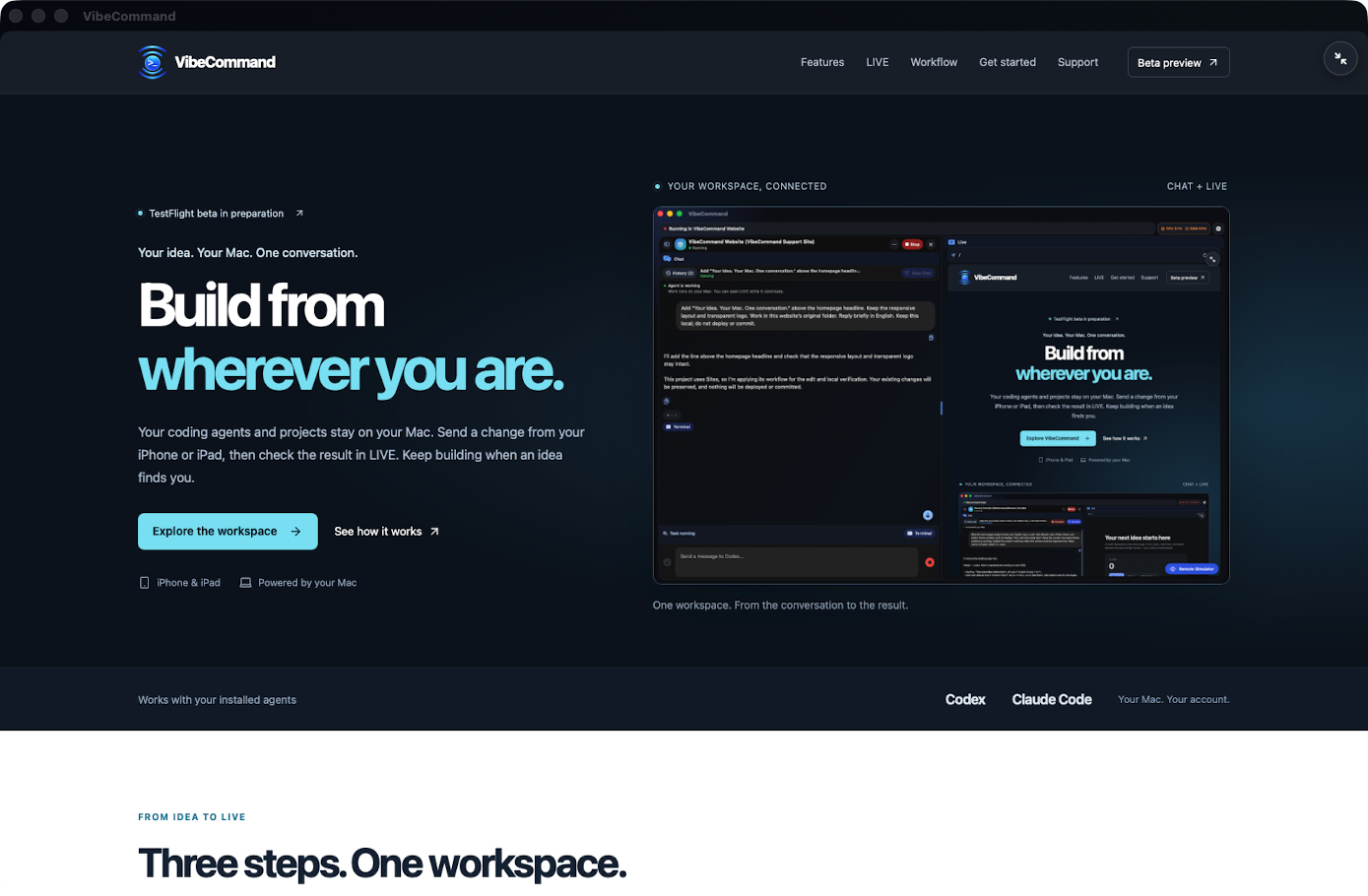 VibeCommand’s expanded LIVE view displaying this website’s responsive homepage.